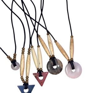 Handmade Natural Stone, Bone, & Wood Pendant Necklace - Pink, Gray, Blue, Red